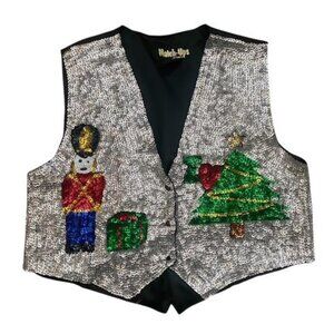 Vintage Match-Ups Sparkle Sequins Beaded Ugly Christmas Vest Nutcracker Tree Lrg